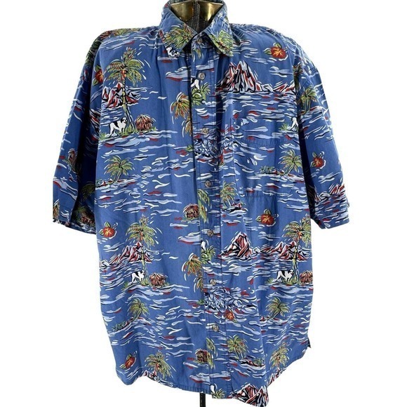 Big Dogs Blue Hawaiian Shirt Button Up Short Sleeve Palm Island Blue Mens Size L - Picture 1 of 9